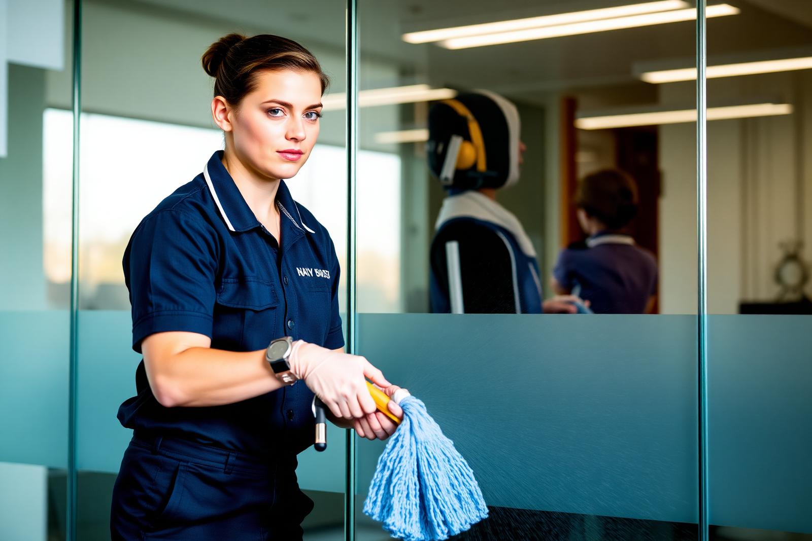 Professional commercial cleaner in uniform cleaning a modern UK office